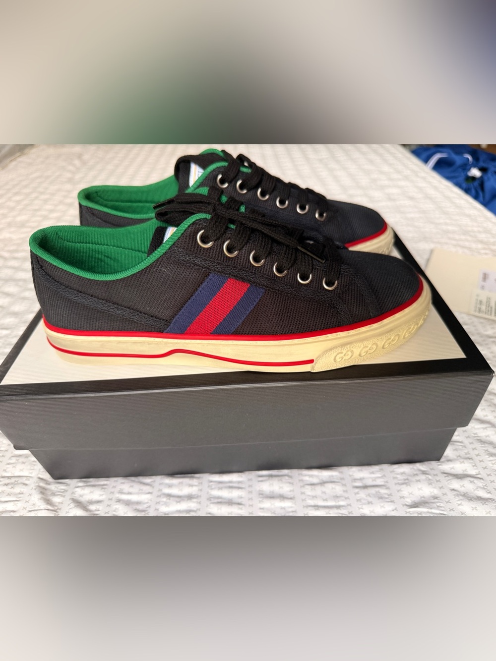 Gucci Black Canvas Sneakers with Red & Blue Stripe and Green Lining
